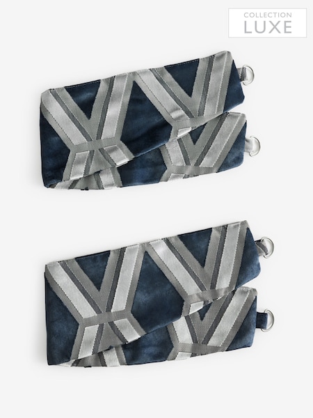 Set of 2 Navy Blue Collection Luxe Tie Backs Cut Velvet Curtains (W49173) | £28