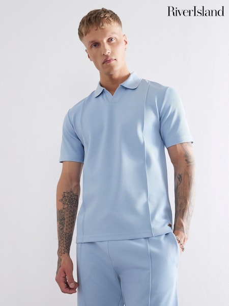 River Island Blue Slim Fit Pintuck Open Collar T-Shirt (W49196) | £32
