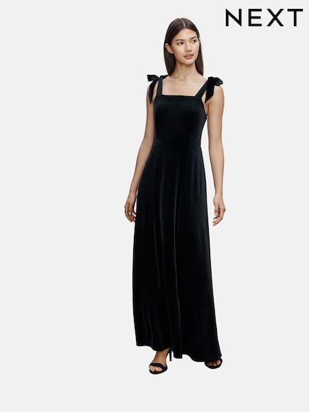 Black Bridesmaid Bow Shoulder Velvet Maxi Dress (W49216) | £70