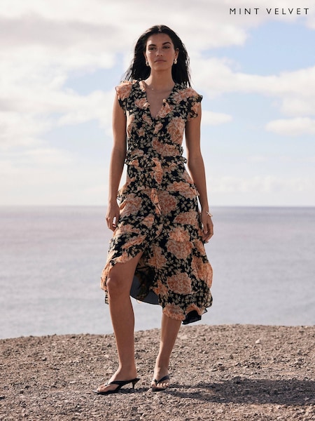 Mint Velvet Orange Floral Print Midi Dress (W49220) | £160