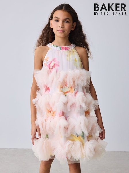 Baker by Ted Baker Pink 3D Fluffy Ruffle Mesh Overlay Halter Dress (W49330) | £55 - £60