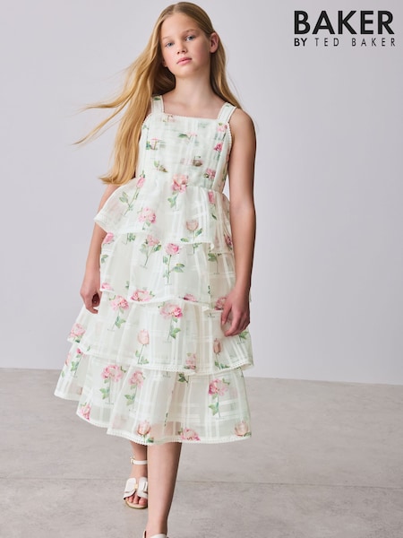 Baker by Ted Baker Burnout Organza Floral Tiered Midi White Dress (W49335) | £56 - £61