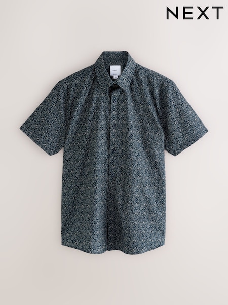 Navy Blue Ditsy Floral Regular Fit Short Sleeve Shirt (W49343) | £35