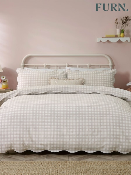 furn. Natural Scalloped Edge Gingham Duvet Set (W49346) | £26 - £48