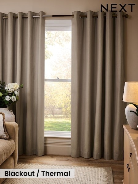 Dark Natural Blackout/Thermal Cotton Eyelet Curtains (W49398) | £40 - £125