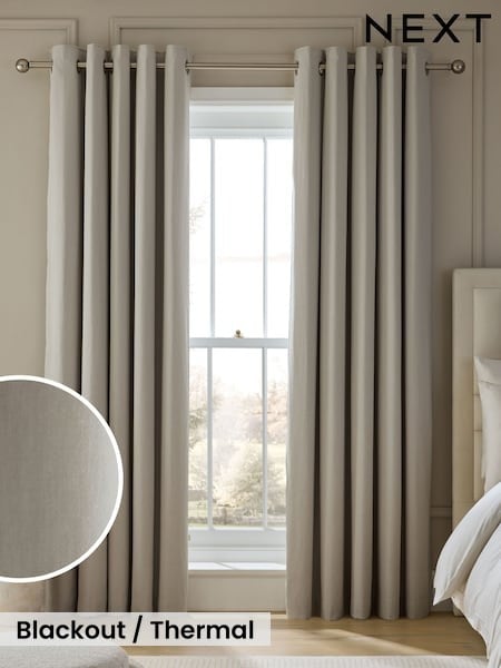 Stone Natural Cotton Sateen Blackout Thermal Eyelet Curtains (W49404) | £45 - £115