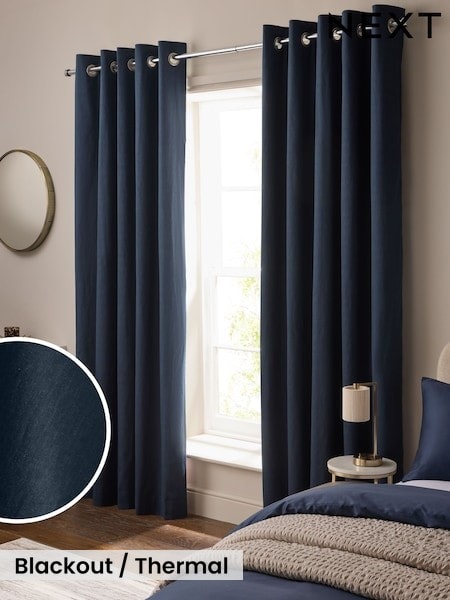 Navy Blue Cotton Sateen Blackout Thermal Eyelet Curtains (W49407) | £45 - £115