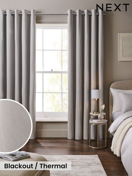 Silver Grey Cotton Sateen Blackout Thermal Eyelet Curtains (W49408) | £45 - £115