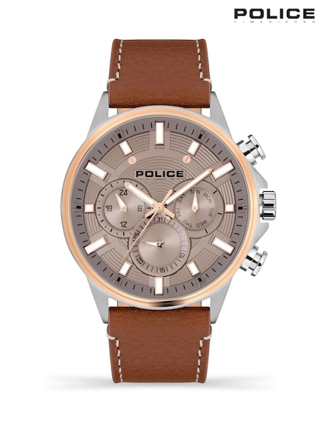 Police Kismet Multi Dial Leather Strap Brown Watch (W49426) | £100