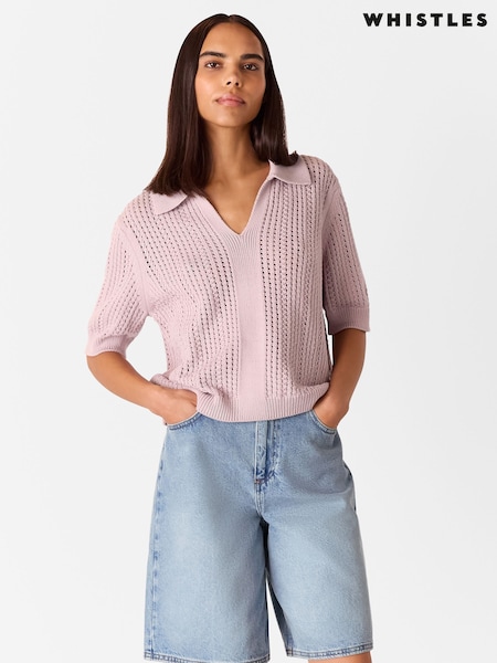 Whistles Purple 100% Cotton Pointelle Collar Detail Knit Jumper (W49508) | £109