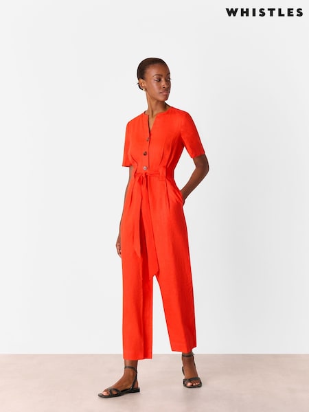 Whistles Red Petite Fiona 100% Linen Button Jumpsuit (W49510) | £149