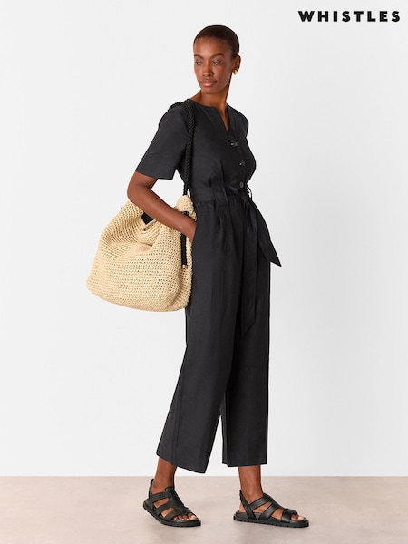 Whistles Black Petite Fiona 100% Linen Button Jumpsuit (W49511) | £149