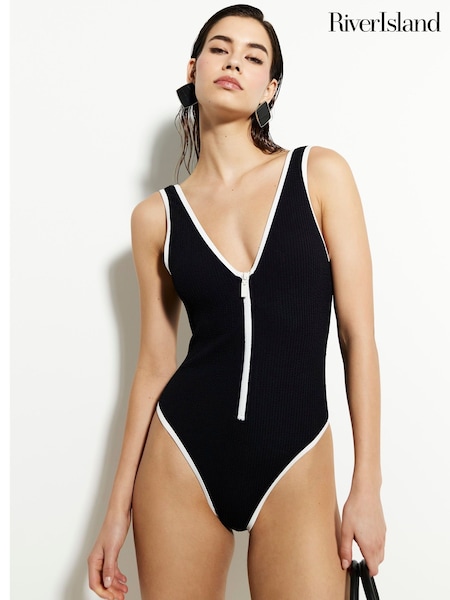 River Island Black Zip Textured Swimsuit (W49561) | £48