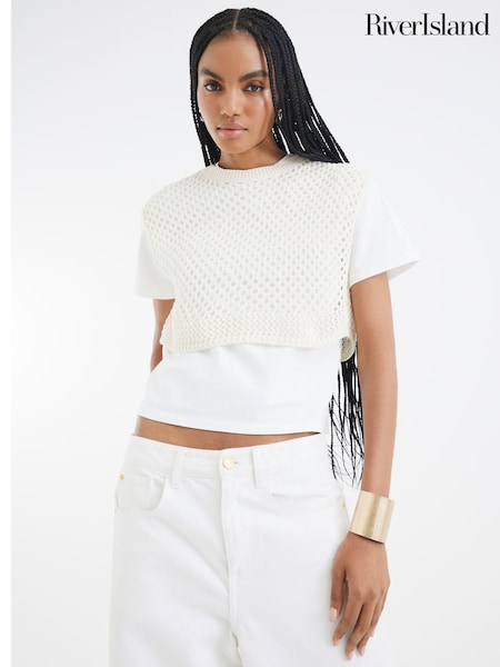 River Island Cream Crochet Overlay T-Shirt (W49567) | £35