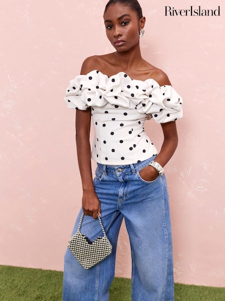 River Island Cream Ruffle Bardot Blouse (W49570) | £36