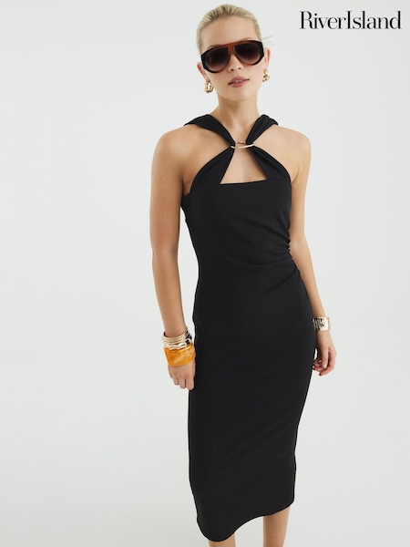 River Island Black Trim Halter Midi Dress (W49572) | £48