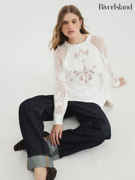 River Island Cream Cutwork Floral 100% Cotton Blouses (W49588) | £48