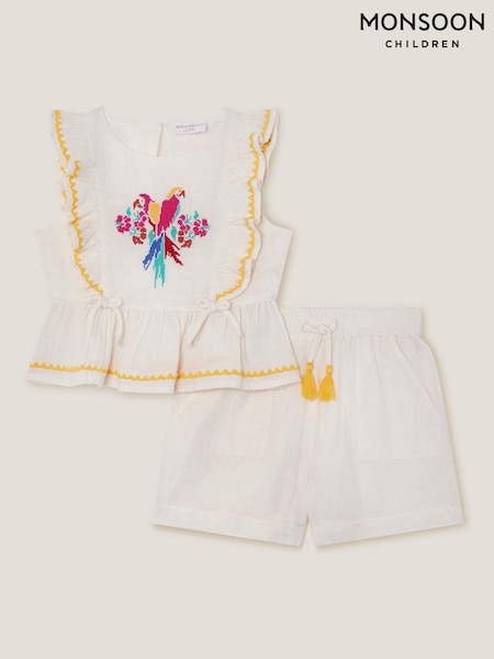 Monsoon Natural Parrot Embroidered 100% Cotton Top & Shorts Set (W49619) | £36 - £40