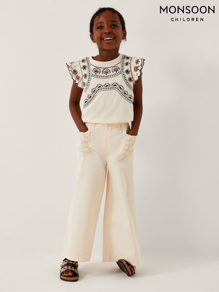 Monsoon Natural 100% Cotton Crochet Pocket Wide Leg Trousers (W49646) | £25 - £29