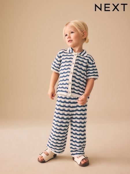 Navy Stripe Knitted Shirt and Trousers Set (3mths-10yrs) (W49790) | £25 - £29