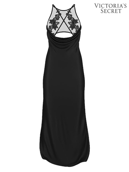 Victoria's Secret Black Sheer Rose Satin High Neck Long Slip Dress (W49906) | £85