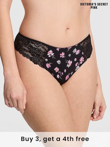 Victoria's Secret PINK Black Floral Thong No Show Lace Trim Knickers (W50013) | £9