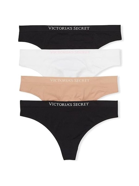 Victoria's Secret Black/Nude/White Thong 4 Pack Logo Knickers (W50060) | £20