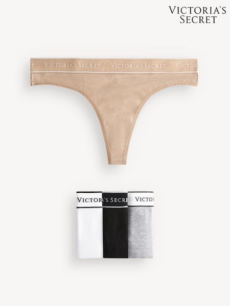 Victoria's Secret Black/Nude/White/Grey Thong Logo 4 Pack Knickers (W50559) | £20
