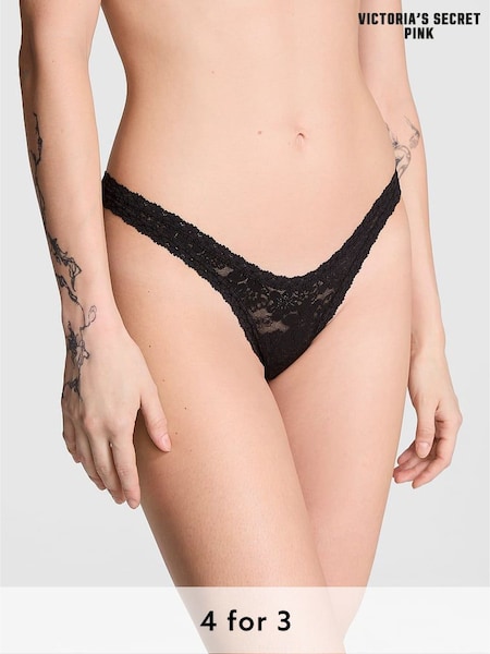 Victoria's Secret PINK Black Mini Scoop Thong Floral Lace Knickers (W50637) | £9