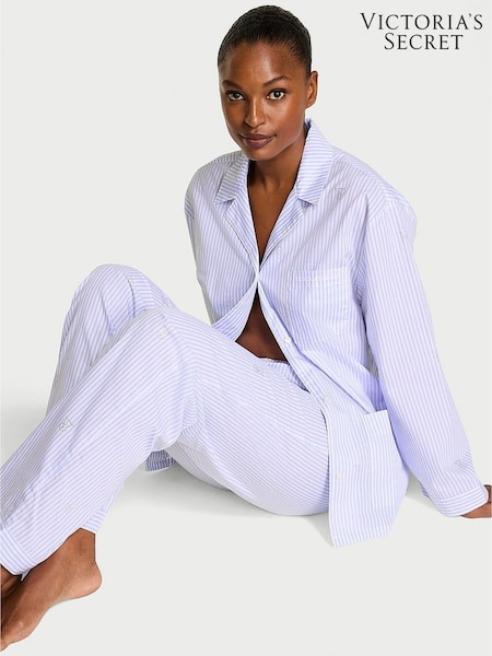 Victoria's Secret Blue Stripe Oversized Cotton Long Diamante Pyjama Set (W50748) | £75