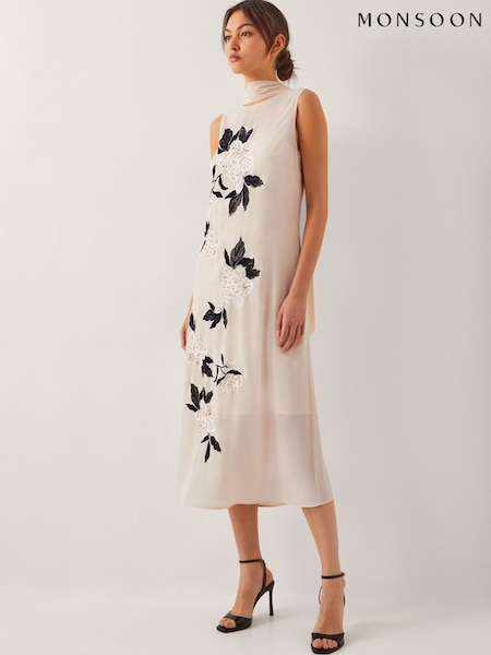 Monsoon Cream Ari Floral Embellished Midi Dress (W50844) | £160