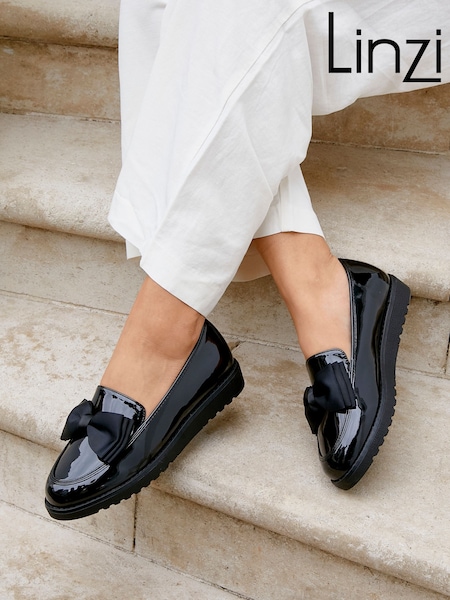 Linzi Black Wide Fit Violetta Classic Slip-On Loafers With Fabric Bow Detail (W50931) | £36
