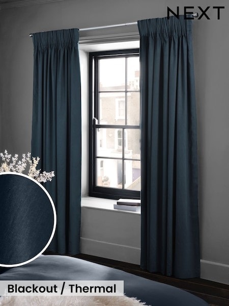 Navy Blue Cotton Sateen Blackout Thermal Pencil Pleat Curtains (W50971) | £45 - £115