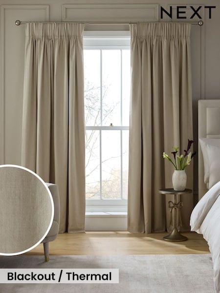 Stone Natural Cotton Sateen Blackout Thermal Pencil Pleat Curtains (W50976) | £45 - £115