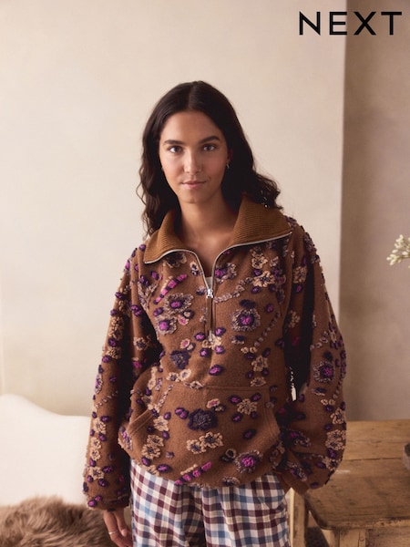 Tan Brown Floral Textured Half Zip Top (W50991) | £58