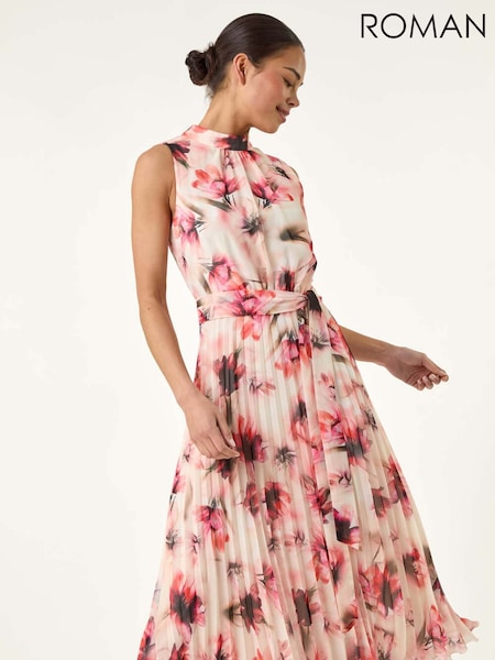 Roman Pink Petite Floral Pleated Halter Neck Midi Dress (W51032) | £78