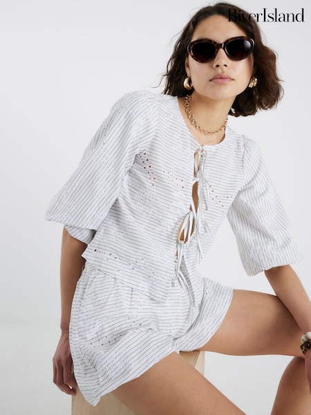 River Island White 100% Cotton Stripe Cutwork Top and Skirt Set (W51036) | £50