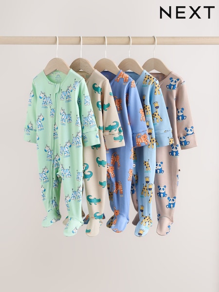 Multi Cotton Two Way Zip Baby Sleepsuits 5 Pack (0-2yrs) (W51057) | £0