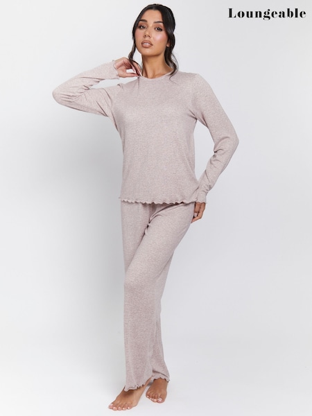 Loungeable Brown Marl Brushed Rib Long Sleeve Top And Trousers Set (W51071) | £28
