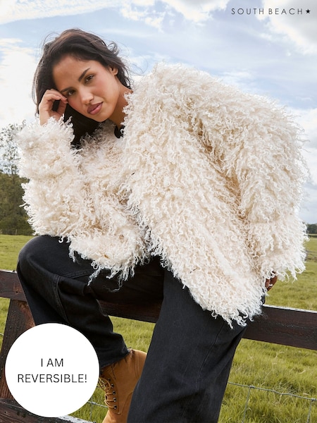South Beach Cream Reversible Mongolian Faux Fur Suede Jacket (W51116) | £95