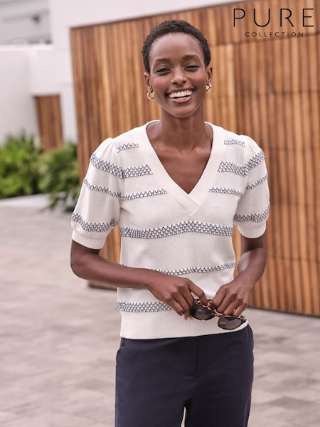 Pure Collection Cream 100% Cotton Short Sleeve Puff  Stripe Sweater (W51138) | £85