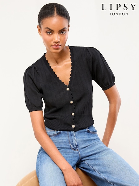 Lipsy Black Scallop Ribbed Knit V-Neck Short Sleeve Cardigan (W51187) | £36