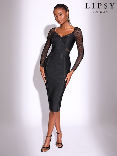 Lipsy Black Lace Detail Long Sleeve V-Neck Knit Midi Bandage Dress (W51197) | £72