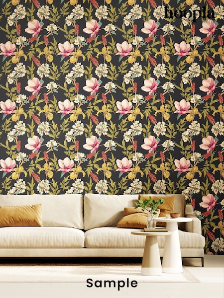 Hoopla Walls Ebony and Raspberry Orchid Bloom 10M Wallpaper (W51201) | £45