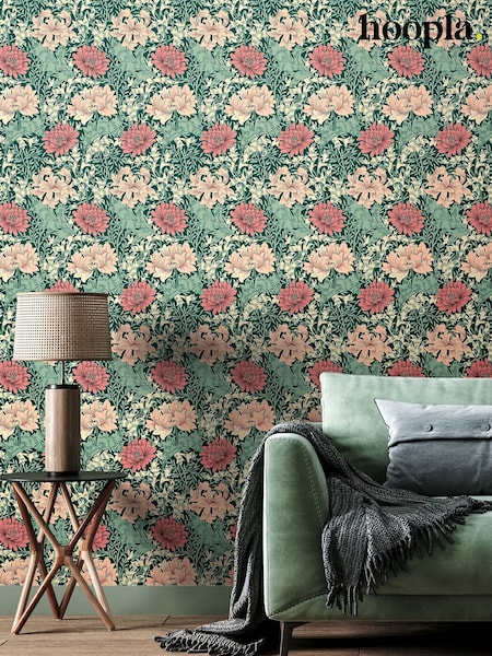 Hoopla Walls Green and Pink Chrysanthemum 10M Wallpaper (W51279) | £45