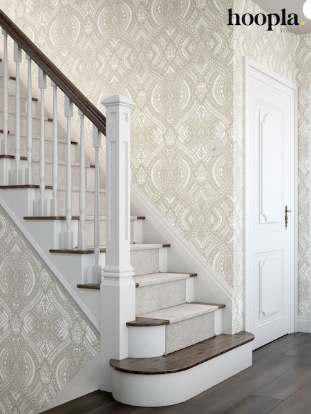 Hoopla Walls Natural Ogee Damask 10M Wallpaper (W51305) | £35