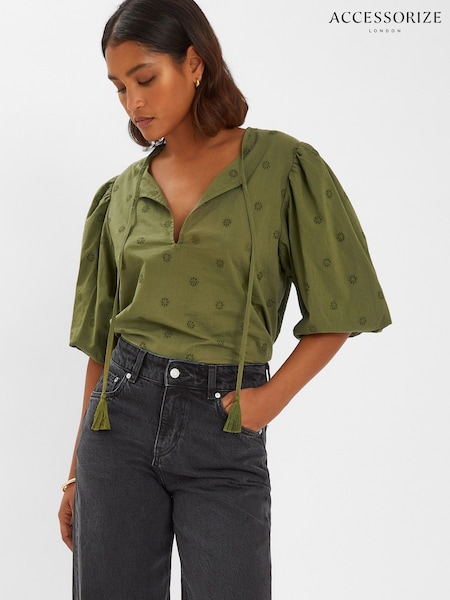 Accessorize Green Puff Sleeve 100% Cotton Blouse (W51445) | £35