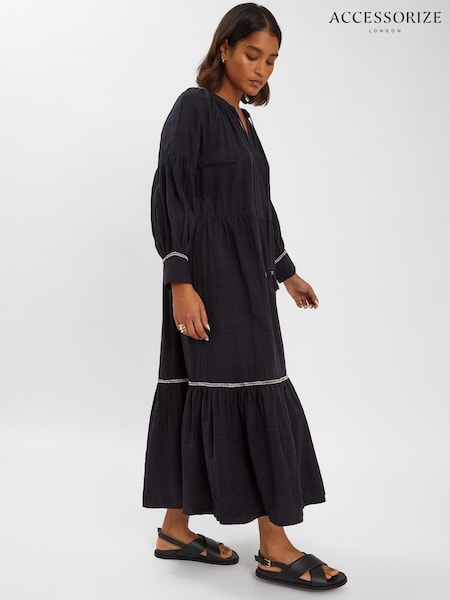 Accessorize Black Long-Sleeve Tiered Maxi 100% Cotton Dress (W51446) | £65