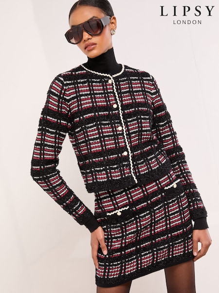 Lipsy Black/Red Checked Boucle Crew Neck Trim Detail Knitted Cardigan Jacket (W51455) | £52