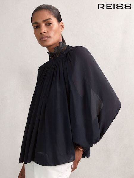 Reiss Navy Czara Lace-Trim Draped Chiffon Top (W51466) | £158
